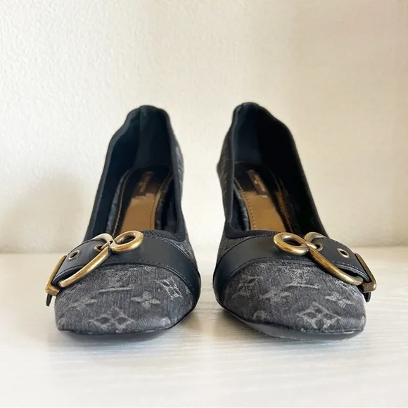 Louis Vuitton Vintage Monogram Canvas Black Gray Buckle Heels Pumps Size EU 39.5 - Picture 10 of 15